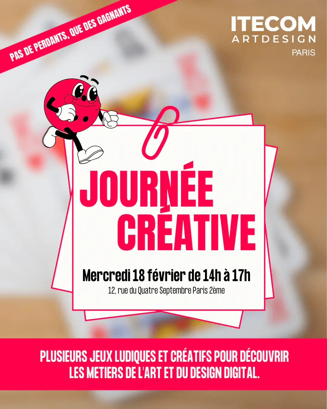 Affiche événement Journée Créative ITECOM Paris 2026 : design coloré, illustrations créatives et informations pratiques sur ateliers et challenges.